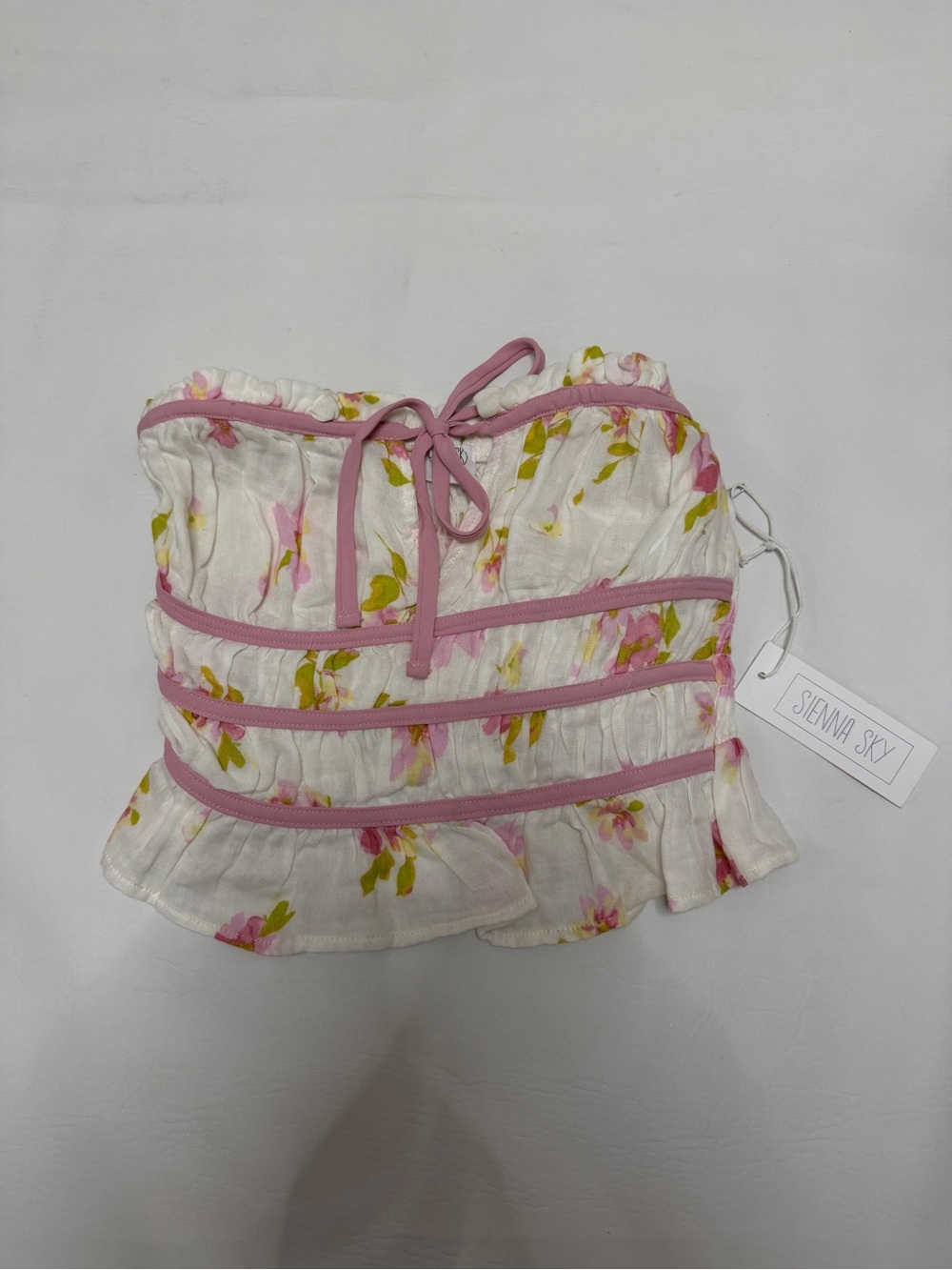 Sienna Sky White Floral Strapless Ruffle Top with Pink Trim size small